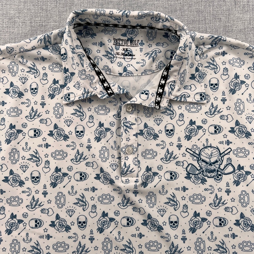 Tattoo Golf Flash Series Polo Shirt Skull Print Men XL White Golfcore Stretch - Picture 2 of 12